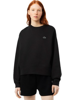 Lacoste Oversized Cotton Womens Sweatshirt Bol Kesim Bisiklet Yaka Pamuklu Kadın Sweatshirt Siyah