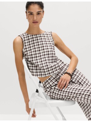 Marks & Spencer Keten Karışımlı Pötikare Desenli Bluz