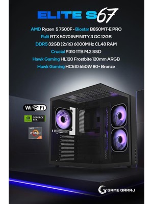 Game Garaj Elite S67 Amd R5 7500F 32GB Ram 1tb SSD RTX5070 120MM Sıvı Soğt Freedos Oyuncu Oem Paket