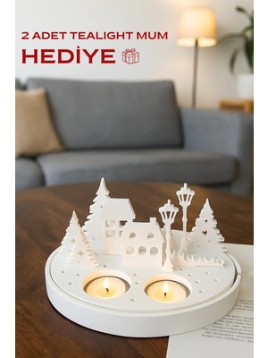 Otaera Yılbaşı Temalı Tealight Mumluk | Ev & Ağaç Figürlü Dekoratif Ürün, Beyaz Düşler Köyü, Yılbaşı Hediye