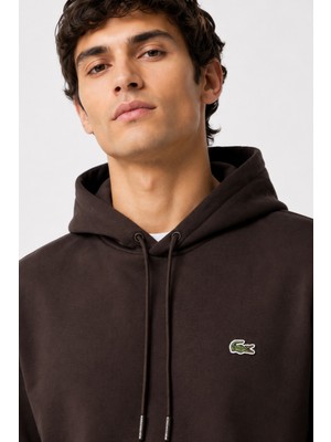 Lacoste Men's Classic Hoodie Sweatshirt Erkek Ayarlanabilir Kapüşonlu Organik Pamuk Sweatshirt Kahverengi