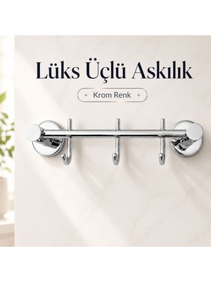Badem10 Üçlü Kanca Askılık Krom Renk Duvar Tipi Havlu Elbise Askısı Banyo Mutfak Antre Dekoratif Kullanım