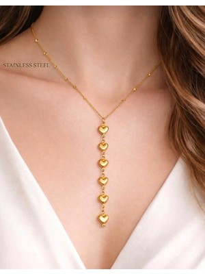 Stainless Steel Gold Renk Ezme Zincir Kalp Y Model Çelik Kolye