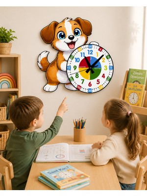 Karbonsoft Sevimli Köpek Montessori Çocuk Odası Eğitici Ahşap Duvar Saati - Sessiz Mekanizma, Şık Tasarım Saat