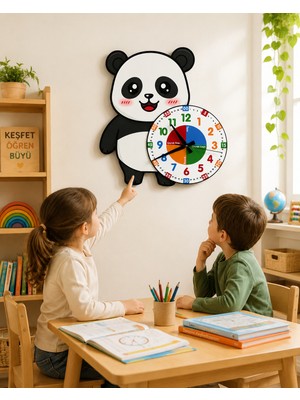 Karbonsoft Sevimli Panda Po Montessori Çocuk Odası Eğitici Ahşap Duvar Saati - Sessiz Mekanizma, Şık Tasarım