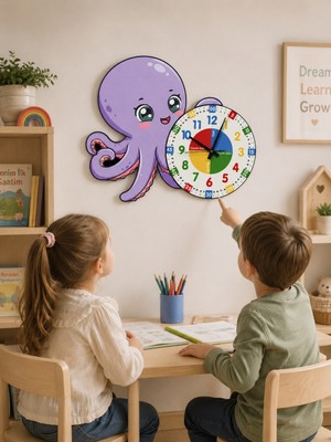 Montessori Eğitici Ahtapot Temalı Renkli Çocuk Duvar Saati | Ahşap Malzeme + Uv Baskı
