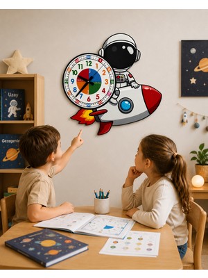 Karbonsoft Sevimli Astronot Montessori Çocuk Odası Eğitici Ahşap Duvar Saati - Sessiz Mekanizma, Şık Tasarım