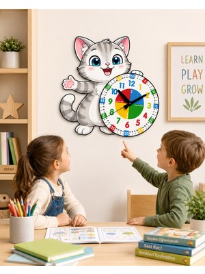 Karbonsoft Sevimli Kedi Montessori Çocuk Odası Eğitici Ahşap Duvar Saati - Sessiz Mekanizma, Şık Tasarım Saat