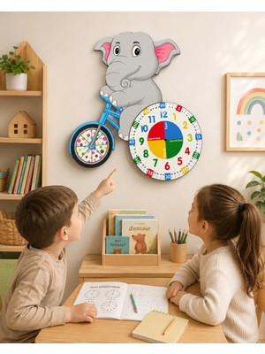 Karbonsoft Sevimli Fil Betty Bisiklet Sürüyor Montessori Çocuk Odası Eğitici Ahşap Duvar Saati - Sessiz, Şık