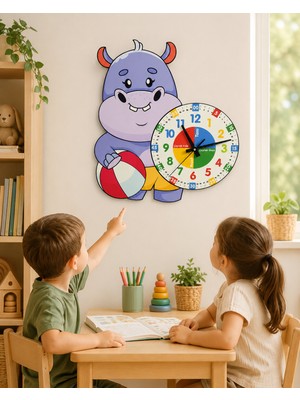 Karbonsoft Sevimli Hipopotam Montessori Çocuk Odası Eğitici Ahşap Duvar Saati - "zamanı Eğlenceli Öğrenin!"