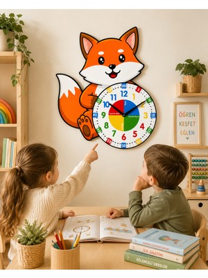 Montessori Eğitici Tilki Temalı Çocuk Duvar Saati | Renkli Ahşap Saat + Uv Baskı