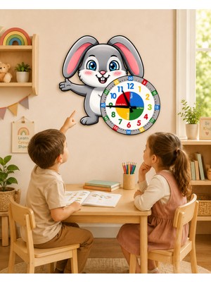 Karbonsoft Sevimli Bunny Tavşan Montessori Çocuk Odası Eğitici Ahşap Duvar Saati - Sessiz Mekanizma, Şık