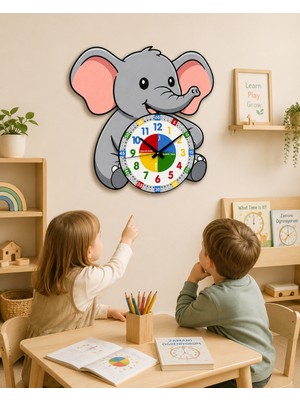 Montessori Eğitici Fil Temalı Çocuk Duvar Saati | Renkli Ahşap Saat + Uv Baskı