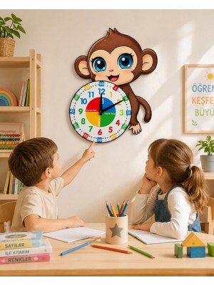 Karbonsoft Sevimli Munki Maymun Montessori Çocuk Odası Eğitici Ahşap Duvar Saati - Sessiz Mekanizma, Şık