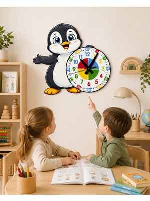 Karbonsoft Sevimli Penguen Montessori Çocuk Odası Eğitici Ahşap Duvar Saati - Sessiz Mekanizma, Şık Tasarım Saat