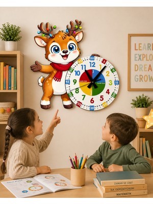 Karbonsoft Sevimli Geyik Montessori Çocuk Odası Eğitici Ahşap Duvar Saati - Sessiz Mekanizma, Şık Tasarım Saat