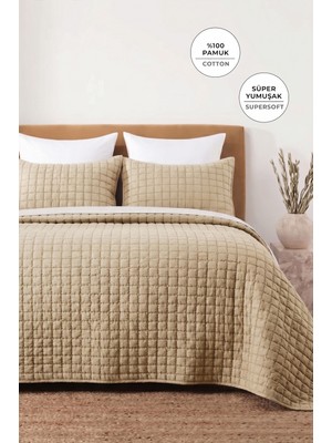 Evlen Home Collection %100 Pamuk Çift Kişilik Yatak Örtüsü Seti Taş Yıkama 3 Parça Elyaf Dolgulu Yumuşak Joy Bej