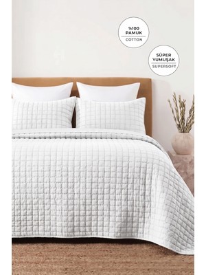 Evlen Home Collection %100 Pamuk Çift Kişilik Yatak Örtüsü Seti Taş Yıkama 3 Parça Elyaf Dolgulu Yumuşak Joy Beyaz