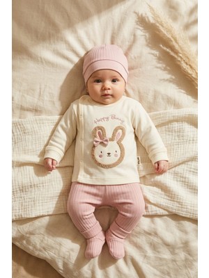 Babydonat Mila Bunny Nakışlı %100 Pamuklu 3'lü Bebek Takımı - Yandan Çıtçıtlı Zıbın, Fitilli Patikli Alt ve Üst Seti