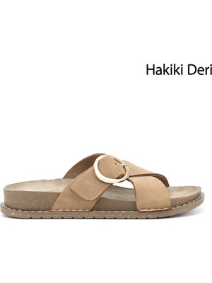 Gönderi(r) Kadın Bej  Çapraz Bantlı Hakiki Deri Terlik