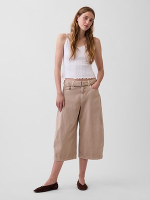 Gap Kadın Bej Mid Rise Kemerli Culotte Barrel Pantolon