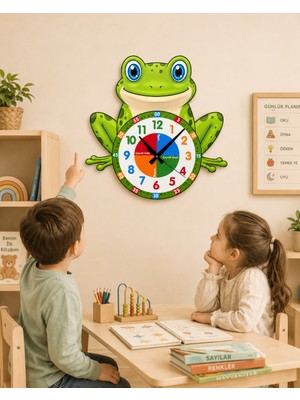 Karbonsoft Sevimli Kurbağa Temalı Montessori Çocuk Odası Eğitici Duvar Saati
