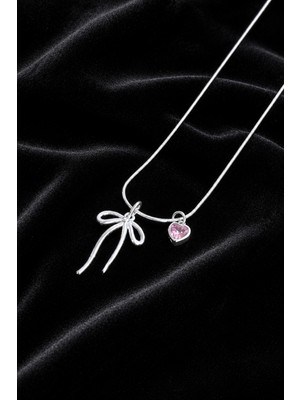 Trend Collection Kadın Paslanmaz Çelik Kolye Gümüş Renk Fiyonk ve Pembe Kalp Charm