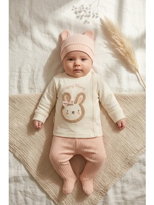 Babydonat Mila Bunny Nakışlı %100 Pamuklu 3'lü Bebek Takımı - Yandan Çıtçıtlı Zıbın, Fitilli Patikli Alt ve Üst Seti