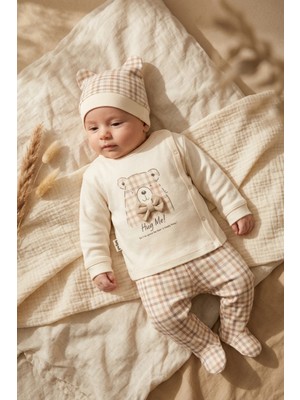 Babydonat Teddy Hug Pamuk Dokulu Ayıcık Figürlü 3'lü Bebek Takımı - 0-3 Ay Ekru Sarı Kareli Bebek Takımı ve Şapka Seti