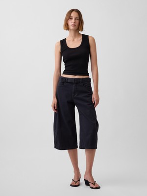 Gap Kadın Siyah Mid Rise Kemerli Culotte Barrel Pantolon