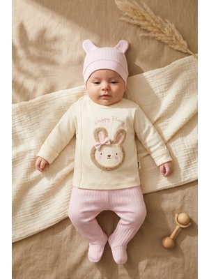 Babydonat Mila Bunny Nakışlı %100 Pamuklu 3'lü Bebek Takımı - Yandan Çıtçıtlı Zıbın, Fitilli Patikli Alt ve Üst Seti