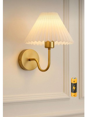 Burenze Pilli Aplik Kablosuz Tak Çalıştır Krem Abajur Umbrella Aplik Eskitme Gold Sarı 1 Adet