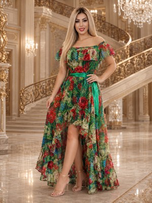 Yeşil Moda Çiçek Desenli Madonna Yaka Şifon Abiye Elbise Çiçek Desenli Elbise,omuz Açık Elbise