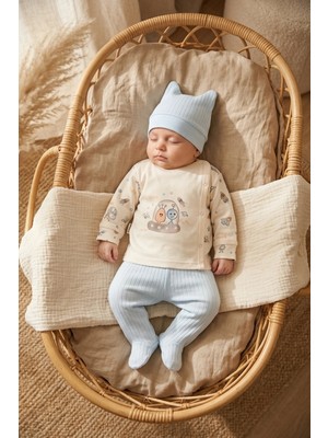 Babydonat Nova Pamuklu 3’lü Bebek Takımı - 0-3 Ay Mavi Fitilli Legging, Uzay Temalı Kruvaze Üst Alt ve Bere Seti