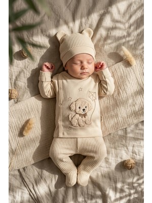 Babydonat Kahve Puppy Nakışlı 3'lü Bebek Takımı - 0-3 Ay Pamuklu Waffle Örgü Pantolon Üst ve Şapka Kombini