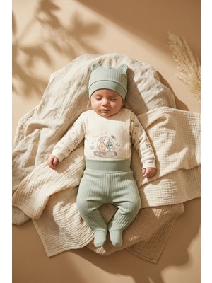 Babydonat Nova Pamuklu 3’lü Bebek Takımı - 0-3 Ay Mint Yeşili Fitilli Legging, Uzay Temalı Kruvaze Üst Alt ve Bere Seti