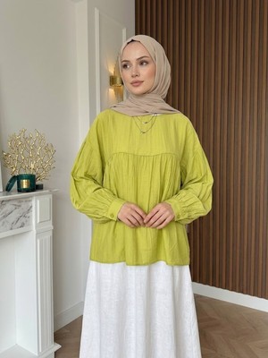 Miostil Manşet Detay Büzgülü Tunik-Yağ Yeşili