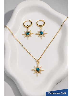 Trend Collection Kadın Gold Paslanmaz Çelik Mavi Taşlı Kutup Yıldızı Kolye Küpe Seti
