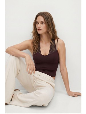 Rays Kahve Boyundan Bağlamalı Dantel Detay Çıtçıtlı Bodysuit 0348