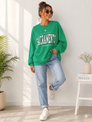 Stsahra  Kadın Yeşil Bisiklet Yaka Sweatshirt