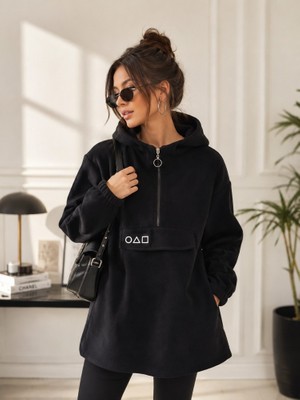 Stsahra  Kadın Siyah Kapşonlu Polar Sweatshirt