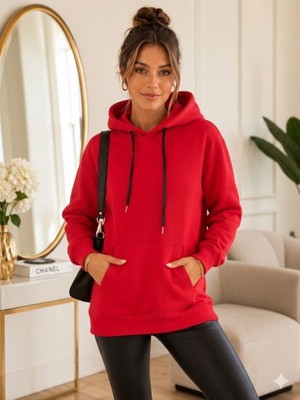 Stsahra  Kadın Kırmızı Kapşonlu Sweatshirt