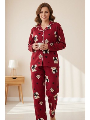 Miniğimin Cicileri Ayıcık Kalp Desenli Süet Anne Pijama takımı - Bordo