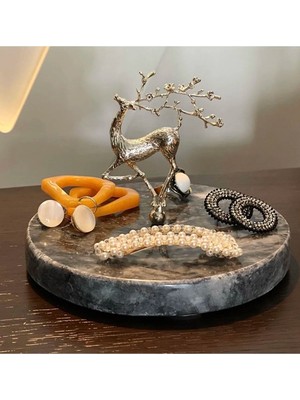 Miarik Design Dekoratif Koyu Gri Doğal Mermer Takı Standı Gümüş Geyik Detaylı