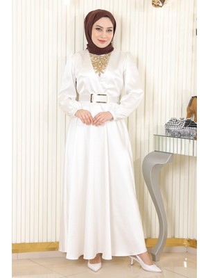 Missvalle Taş Detaylı Saten Abiye Beyaz 19901
