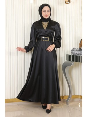 Missvalle Taş Detaylı Saten Abiye Siyah 19901