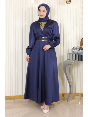 Missvalle Taş Detaylı Saten Abiye Indigo 19901