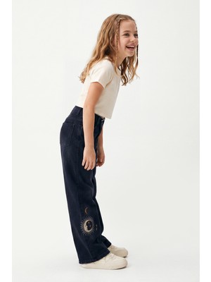 Joy Kids Kız Çocuk Beli Lastikli Ay-Yıldız Temalı Ispanyol Paça Kot Pantolon (Siyah) (11-16YAŞ)