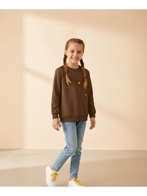 Miniğimin Cicileri Pul Çiçek Işlemeli Kız Çocuk sweat - Kahve