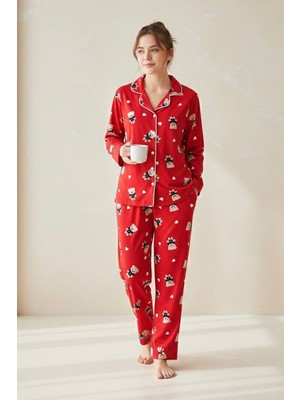 Miniğimin Cicileri Ayıcık Desenli Anne Pijama Takımı - Kırmızı